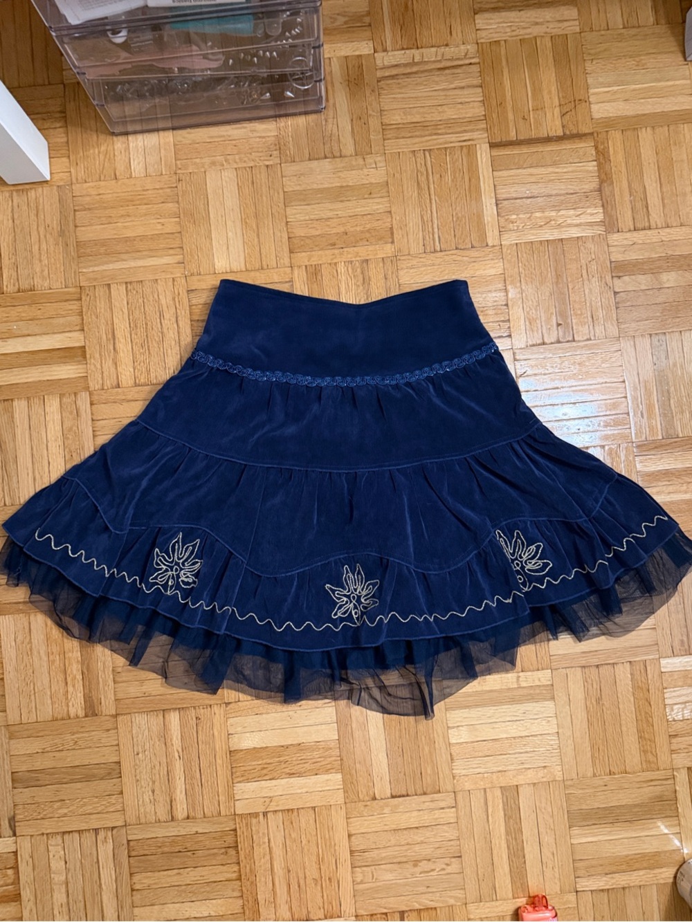 Navy Tiered Corduroy Skirt with Embroidered Hem